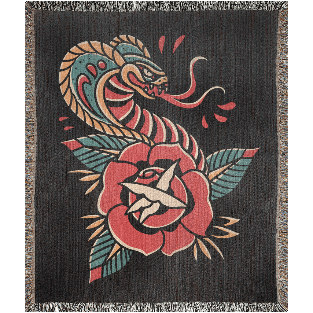 Cobra Traditional Tattoo Style Woven Fringe Blanket / / Wall tapestry or throw for sofa, maximalist decor,  tattoo home decor