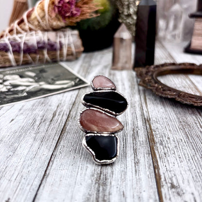 Multi Stone Black Obsidian Sun Stone Rose Quartz Ring In Silver Size 8 / Foxlark Collection