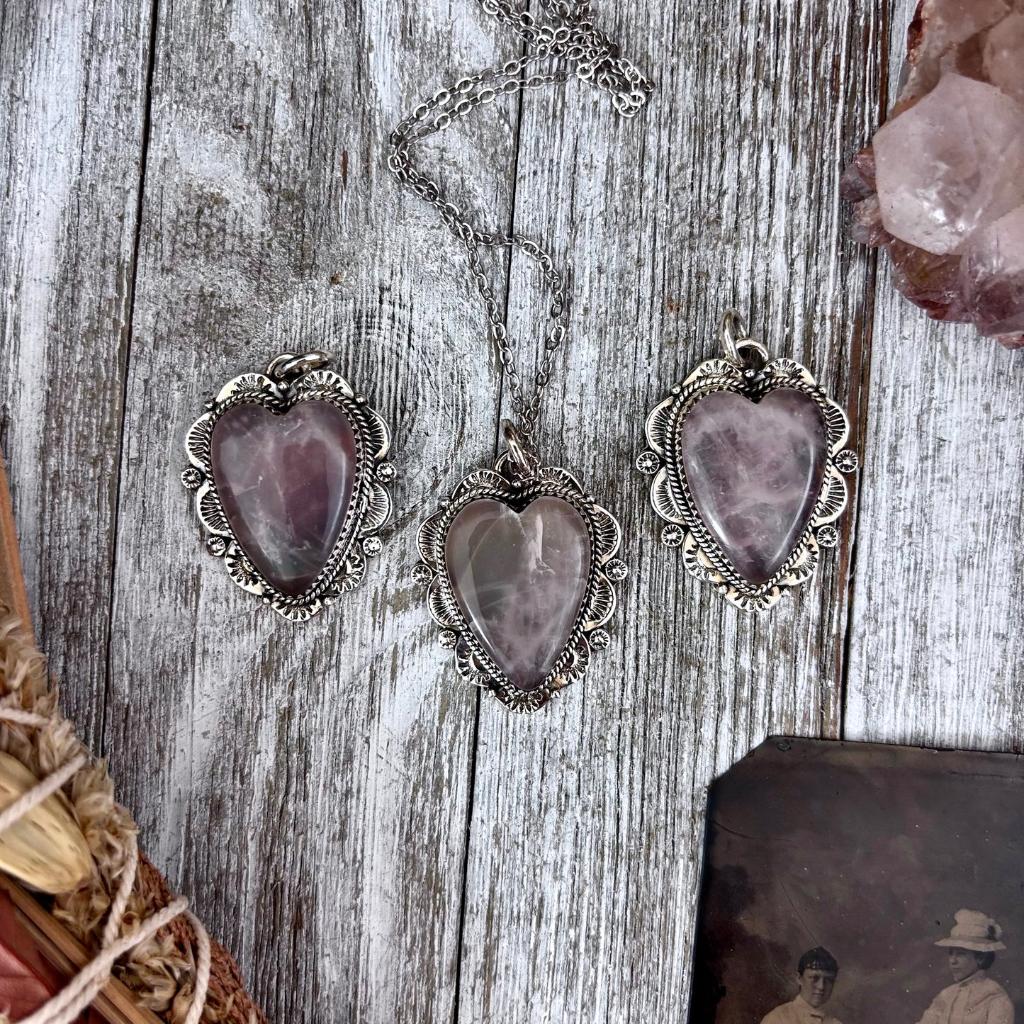 Rose Quartz Crystal Heart Necklace in Sterling Silver  -Designed by FOXLARK Collection