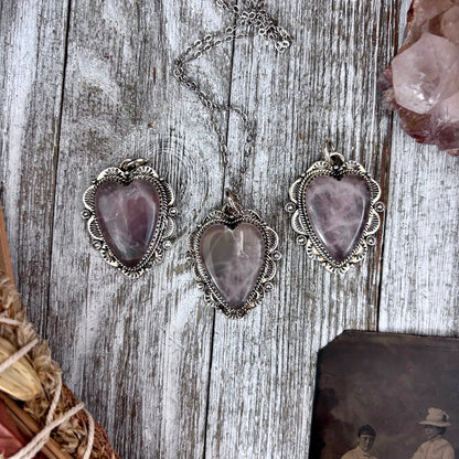 Rose Quartz Crystal Heart Necklace in Sterling Silver  -Designed by FOXLARK Collection