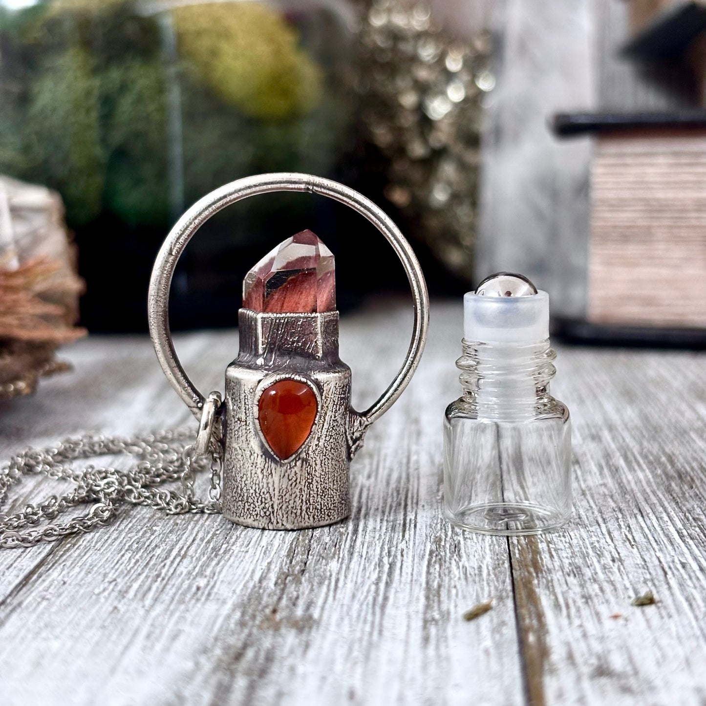 Garden Quartz and Carnelian Crystal Necklace / Silver Rollerball Necklace