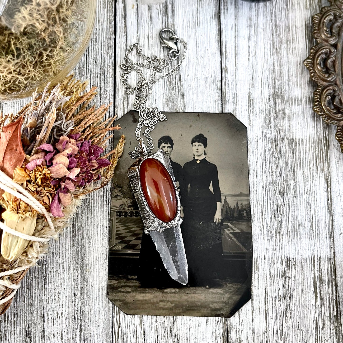 Large Raw Clear Quartz & Carnelian Crystal Statement Necklace in Fine Silver / Foxlark Collection - One of a Kind