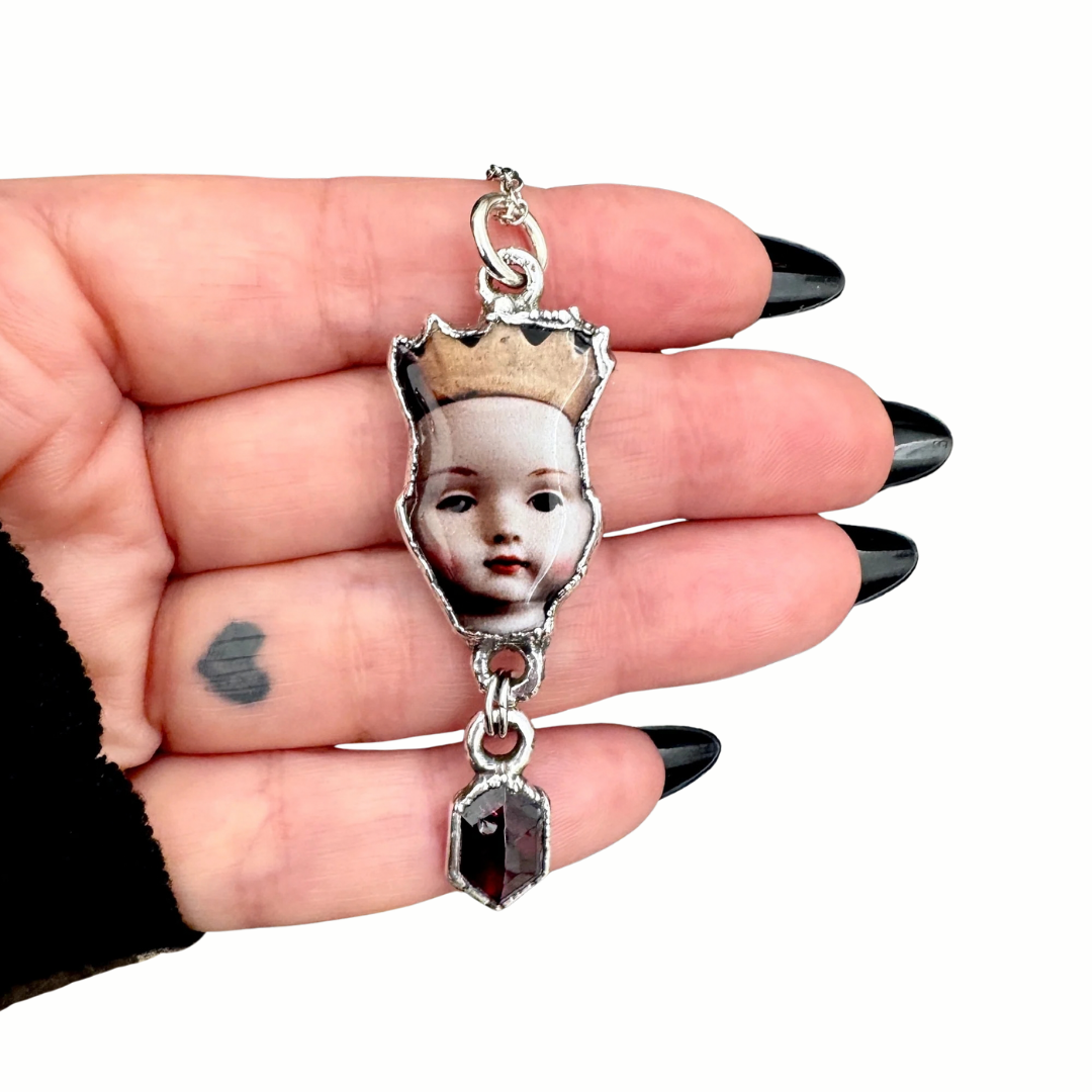 doll head necklace, garnet, fine silver