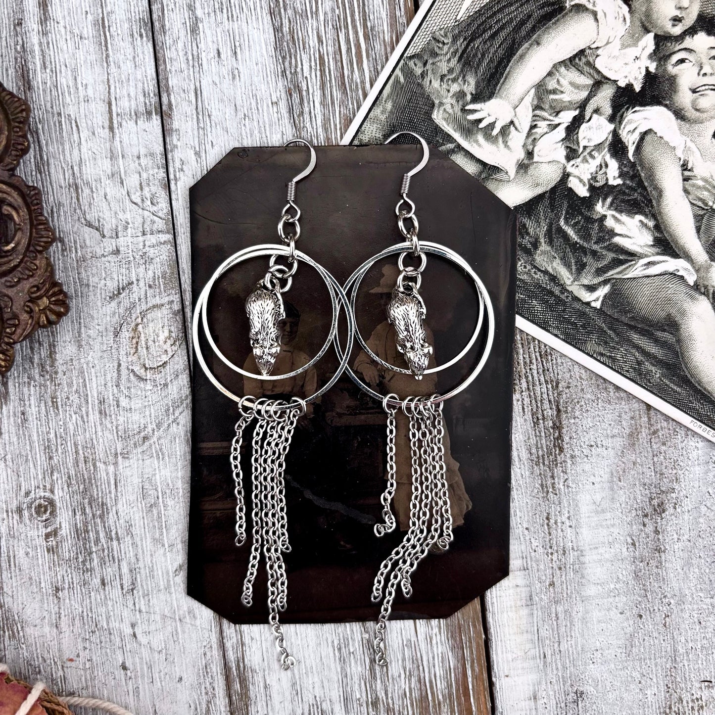 Silver Rat Earrings Stainless Steel Hoop and Fringe / Long Dangle Grunge Earrings