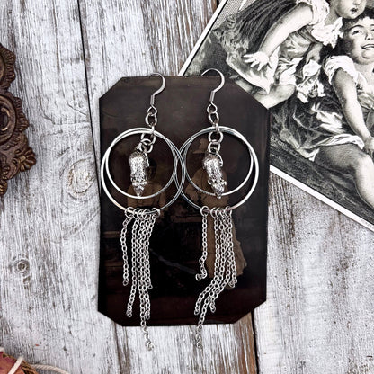 Silver Rat Earrings Stainless Steel Hoop and Fringe / Long Dangle Grunge Earrings