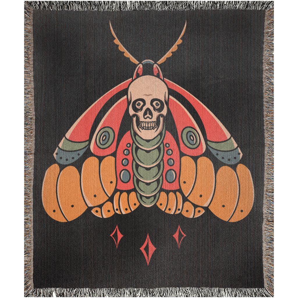 Death Moth Traditional Tattoo Style Woven Fringe Blanket / / Wall tapestry or throw for sofa, maximalist decor,  tattoo home decor