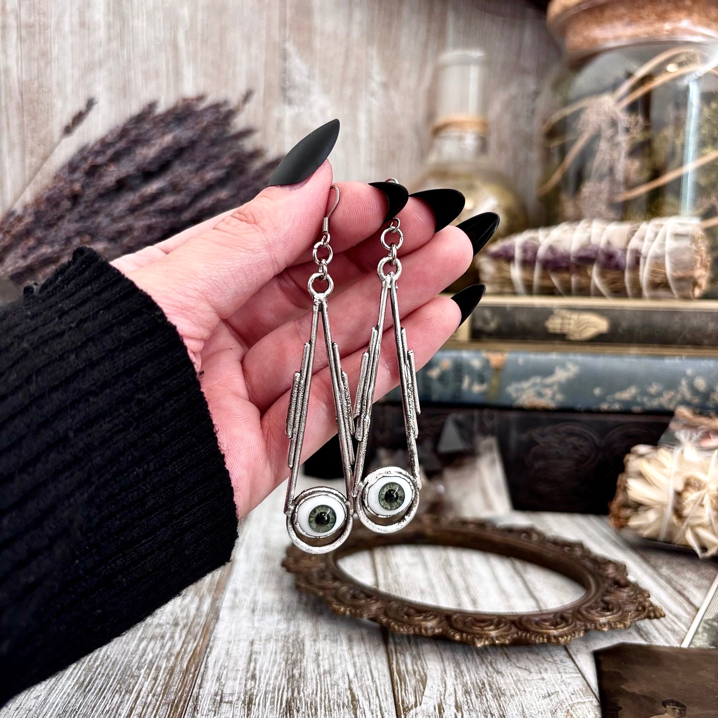 Green Iris Eyeball Fine Silver Earrings / Long Dangle Witchy Earrings