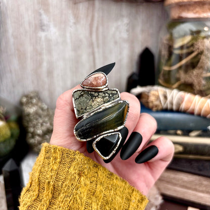 Multi Stone Obsidian Marcasite Blue Tigers Eye Sun Stone Ring In Silver Size 8 / Foxlark Collection