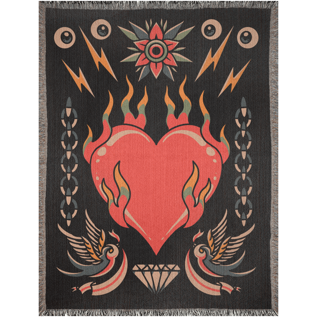 Bleeding Heart Traditional Tattoo Style Woven Fringe Blanket / / Wall tapestry or throw for sofa, maximalist decor,  tattoo home decor