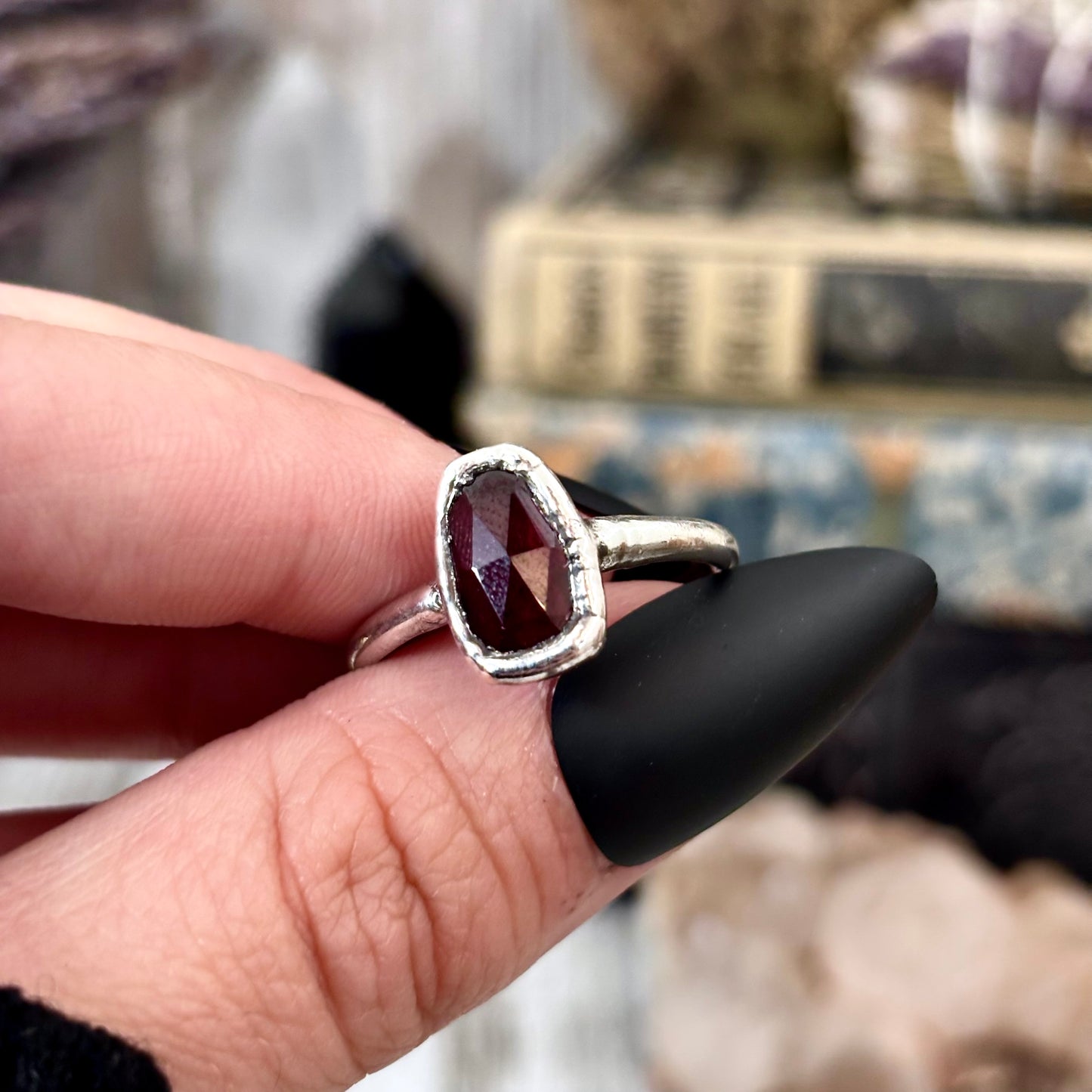 Garnet Ring Fine Silver Small Faceted Stone Ring Size 5 6 7 8 9 10 11 / Foxlark Collection