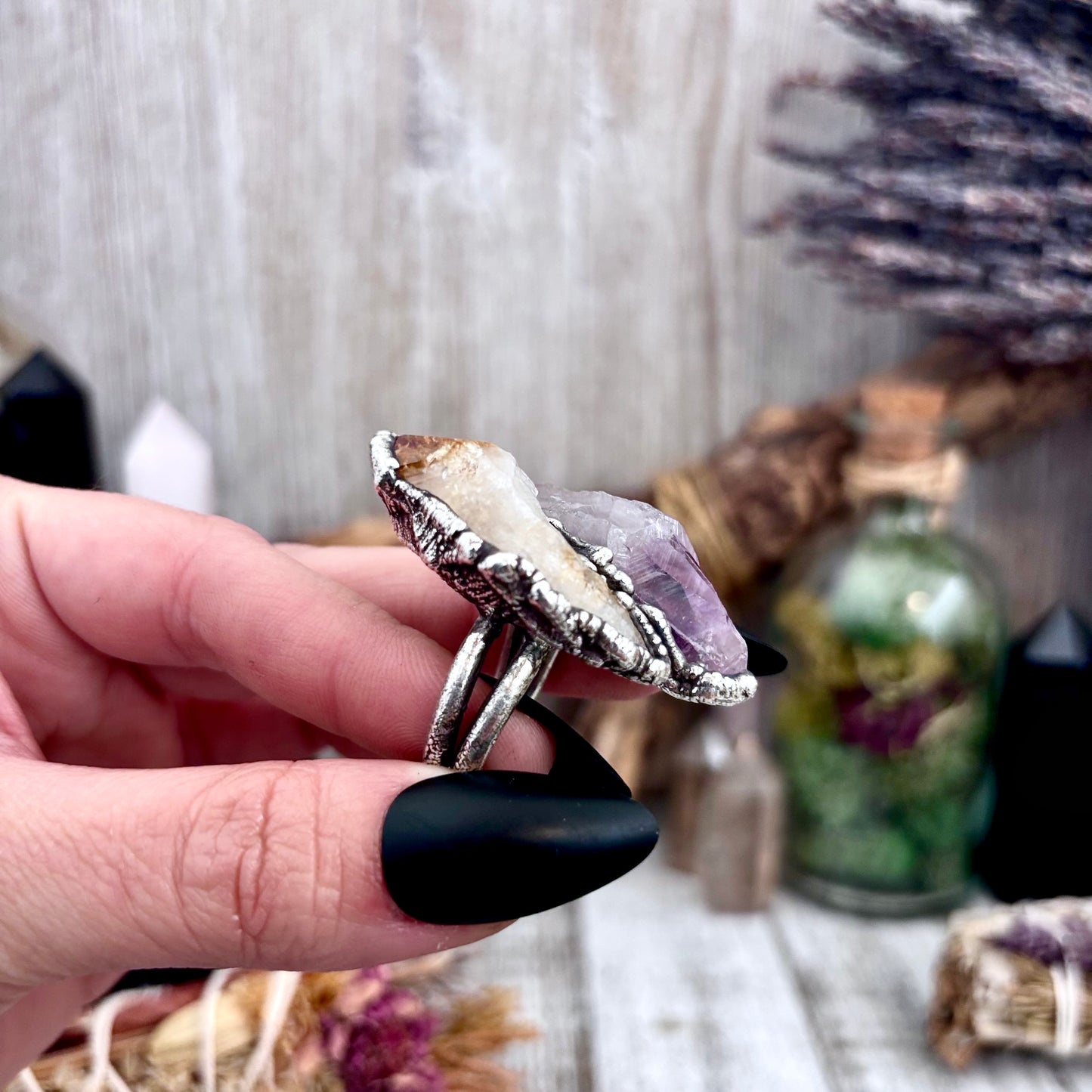 Two Stone Raw Amethyst and Citrine Ring in Fine Silver Size 10 / Foxlark Collection - One of a Kind
