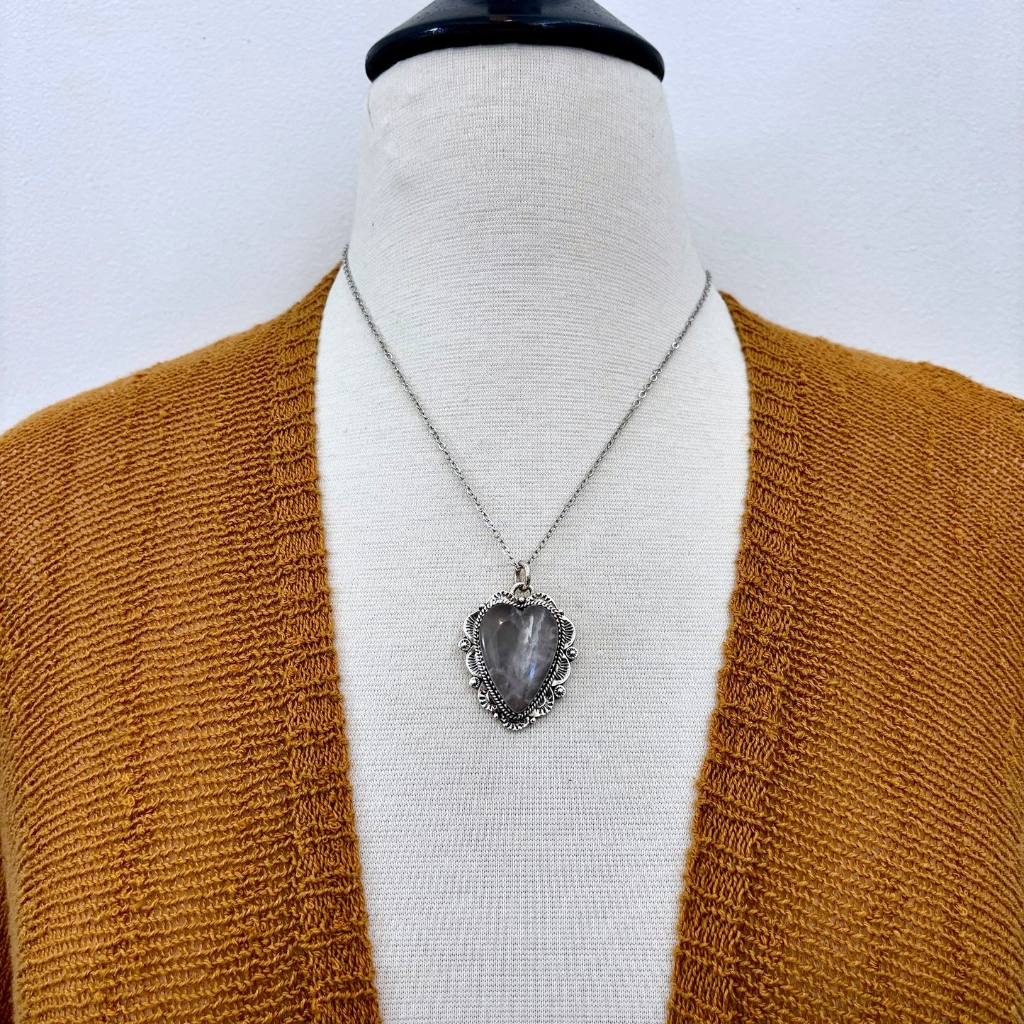 Rose Quartz Crystal Heart Necklace in Sterling Silver  -Designed by FOXLARK Collection