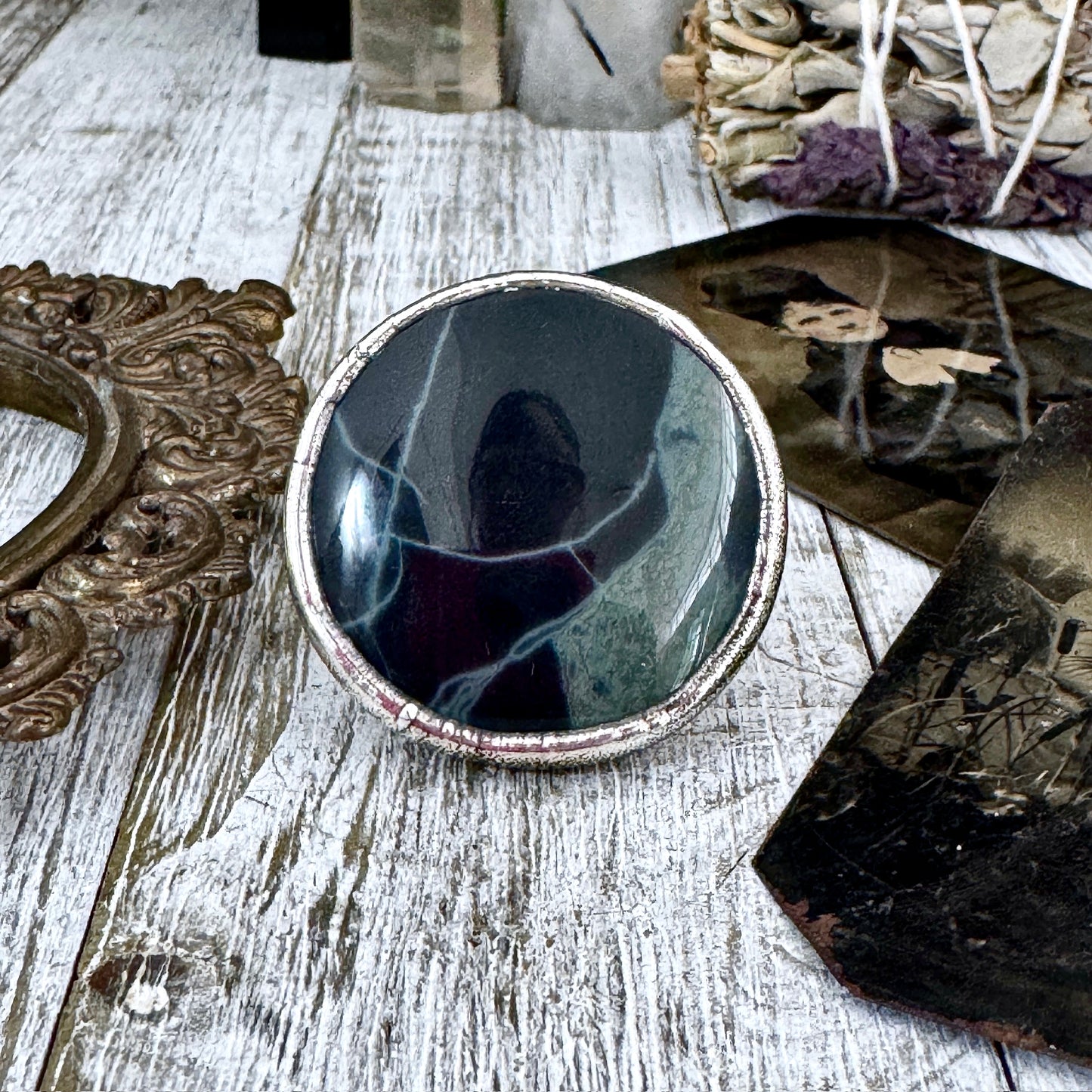 Spiderweb Obsidian Crystal Ring Fine Silver Size 9 / Foxlark Collection - One of a Kind