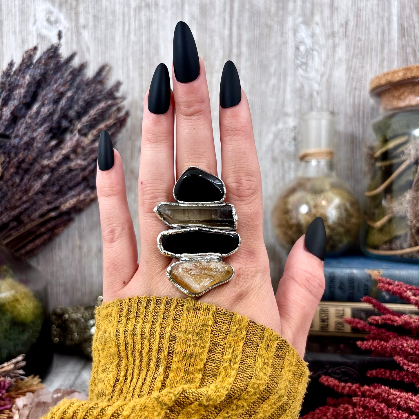 Multi Stone Citrine Black Obsidian Smoky Quartz Ring In Silver Size 7 / Foxlark Collection