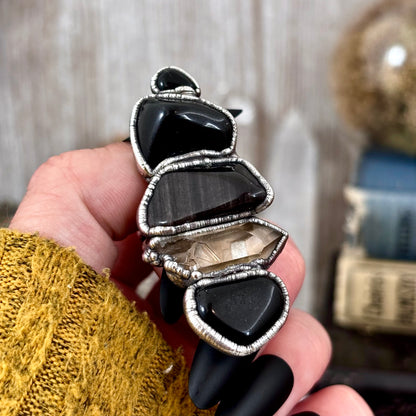 Multi Stone Black Obsidian Onyx Smoky Quartz Ring In Silver Size 9 / Foxlark Collection