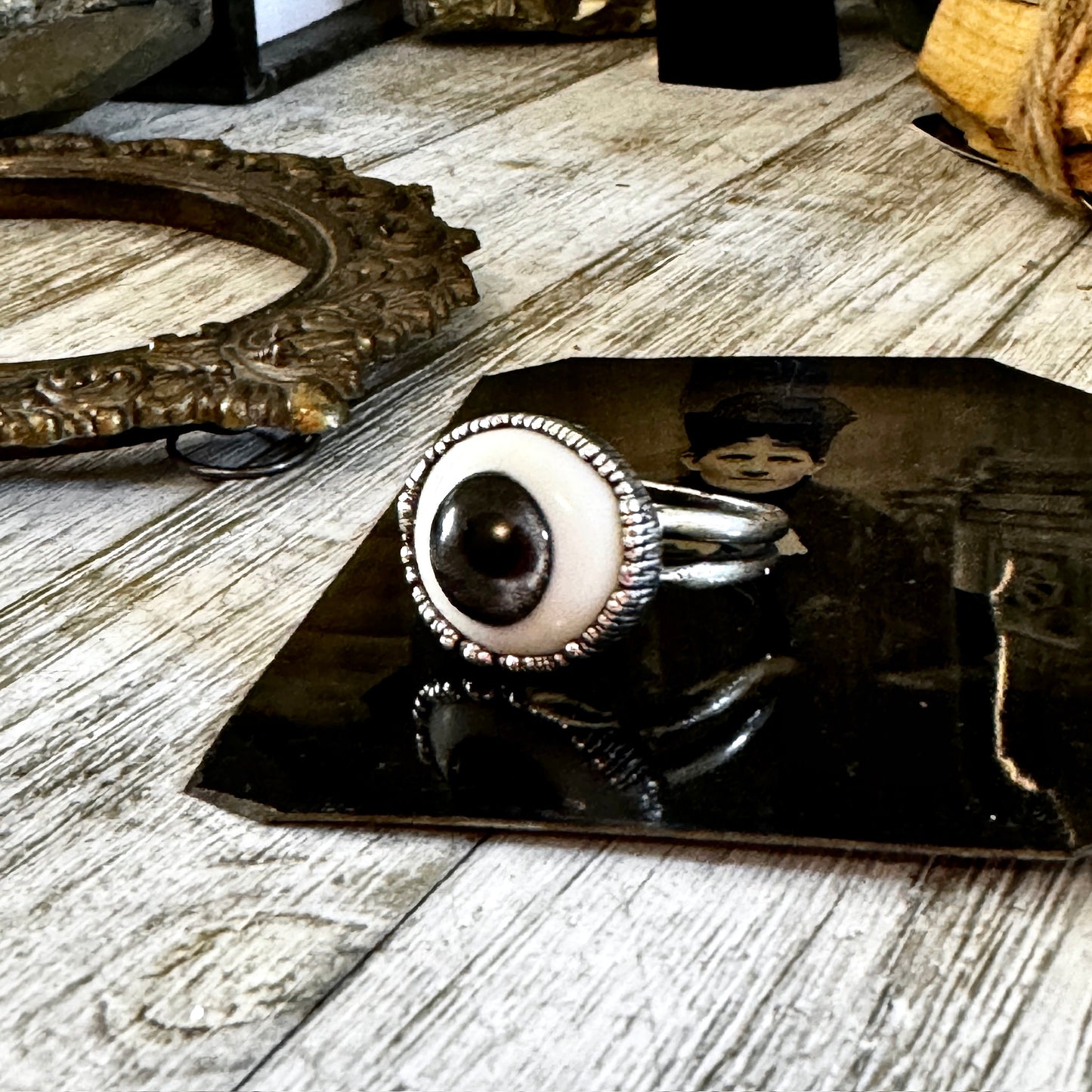 Grey Iris Glass Eye Statement Ring Silver Size 11  / Foxlark Collection