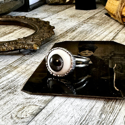 Grey Iris Glass Eye Statement Ring Silver Size 11  / Foxlark Collection