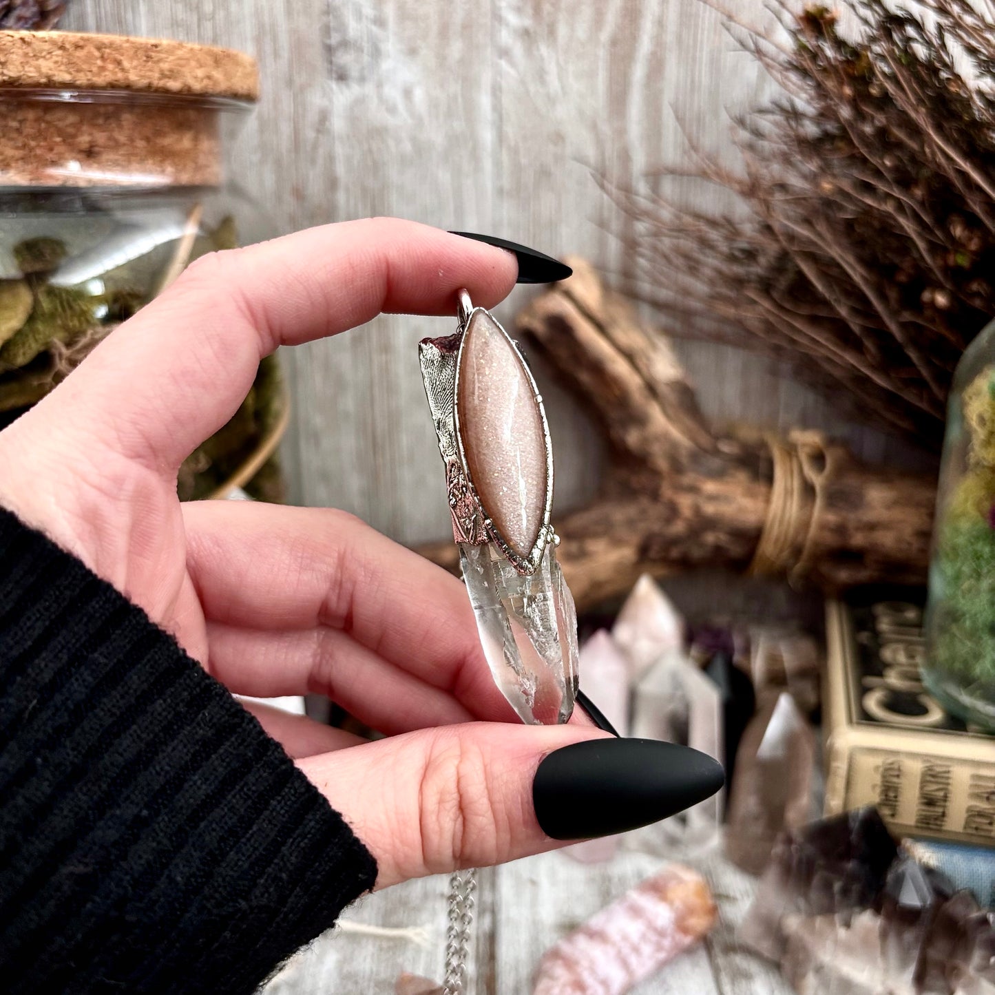 Clear Quartz & Peach Moonstone Crystal Statement Necklace in Fine Silver / Foxlark Collection - One of a Kind