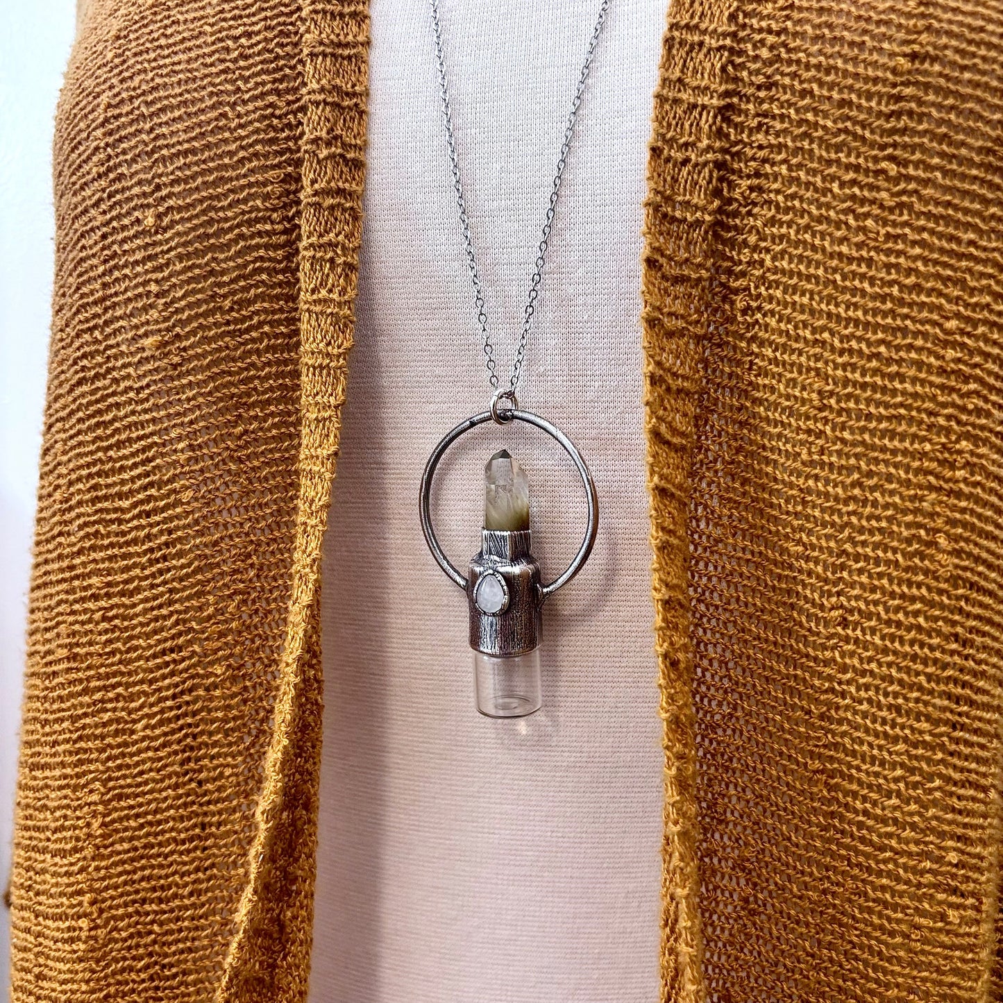 Garden Quartz and Clear Quartz Crystal Necklace / Silver Rollerball Necklace