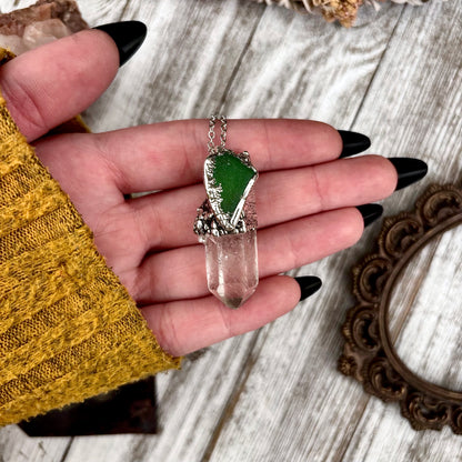 Clear Quartz & Green Sea Glass Crystal Statement Necklace in Fine Silver / Foxlark Collection - One of a Kind