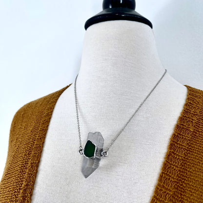 Clear Quartz & Green Sea Glass Crystal Statement Necklace in Fine Silver / Foxlark Collection - One of a Kind