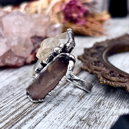 Three Stone Raw Citrine, Clear Quartz, Smoky Quartz Ring In Silver Size 8.5 / Foxlark Collection