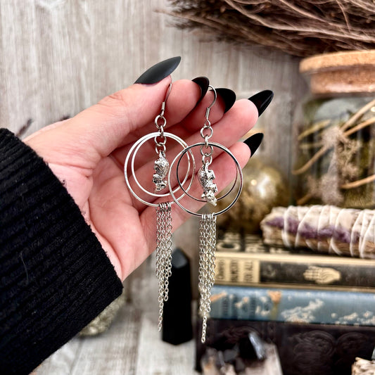 Silver Rat Earrings Stainless Steel Hoop and Fringe / Long Dangle Grunge Earrings