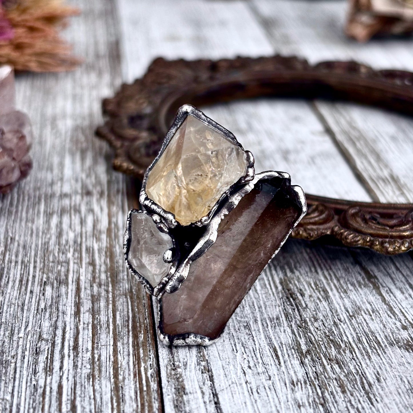 Three Stone Raw Citrine, Clear Quartz, Smoky Quartz Ring In Silver Size 8.5 / Foxlark Collection