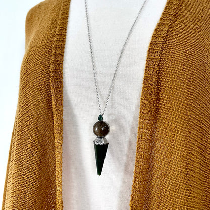 Smokey Quartz Sphere Bloodstone Pendulum Necklace Pendant in Fine Silver  / Foxlark Collection