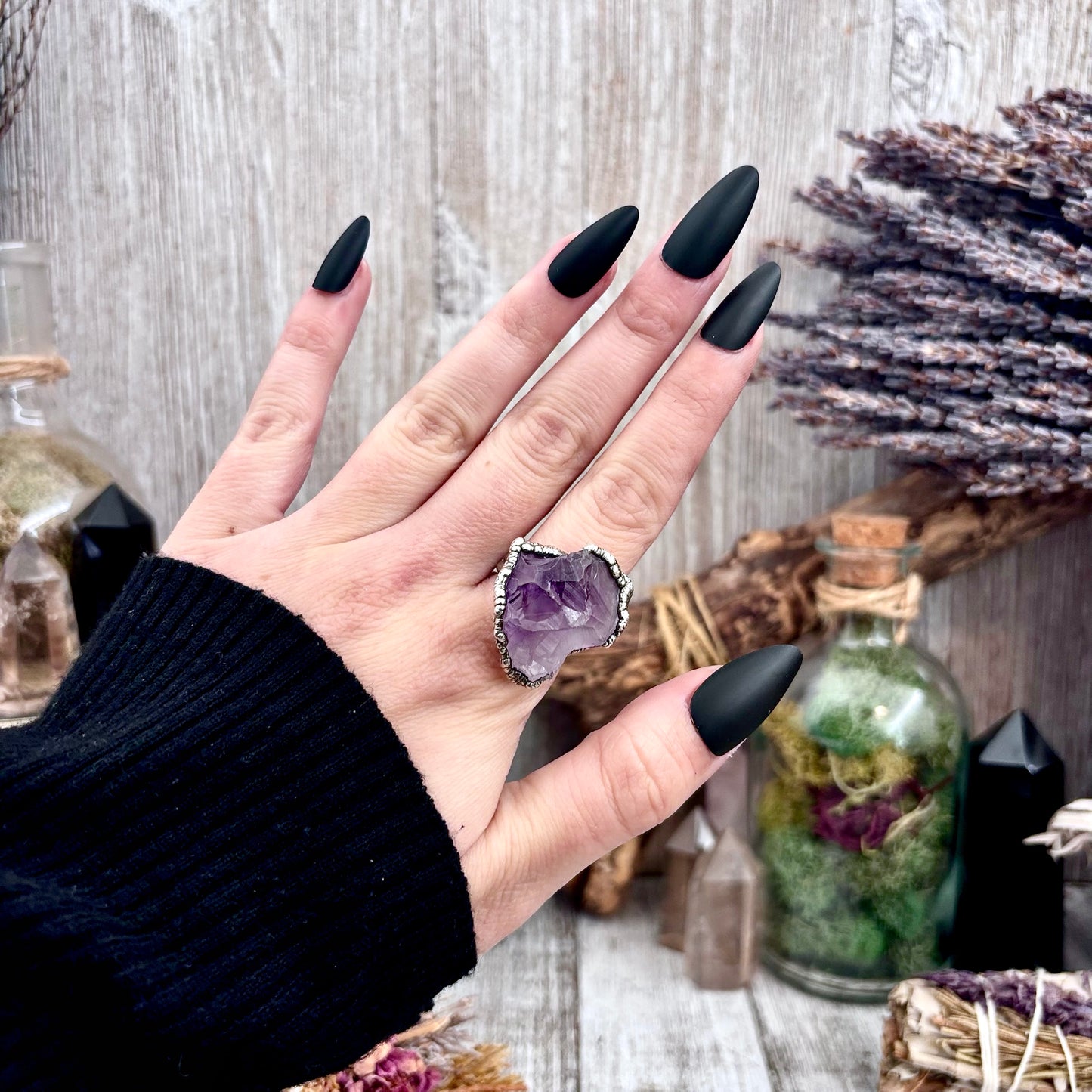 Raw Amethyst Crystal  Ring Set in Fine Silver Size 8 / Foxlark Collection - One of a Kind