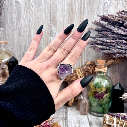 Raw Amethyst Crystal  Ring Set in Fine Silver Size 8 / Foxlark Collection - One of a Kind