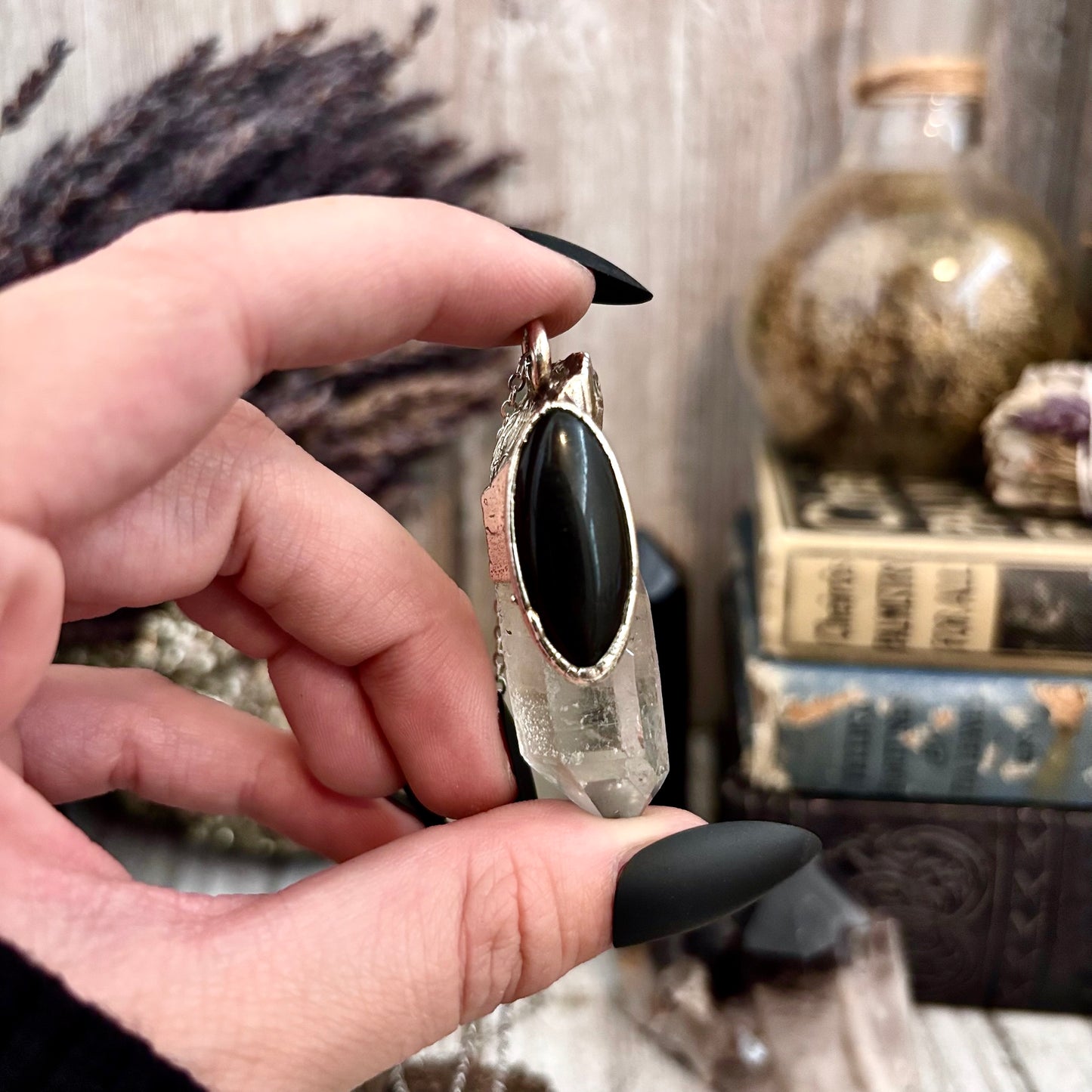 Clear Quartz & Black Onyx Crystal Statement Necklace in Fine Silver / Foxlark Collection - One of a Kind