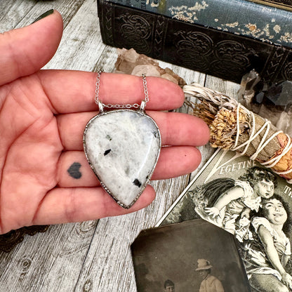 Big Rainbow Moonstone with Black Tourmaline Necklace in Fine Silver / Foxlark Collection - One of a Kind