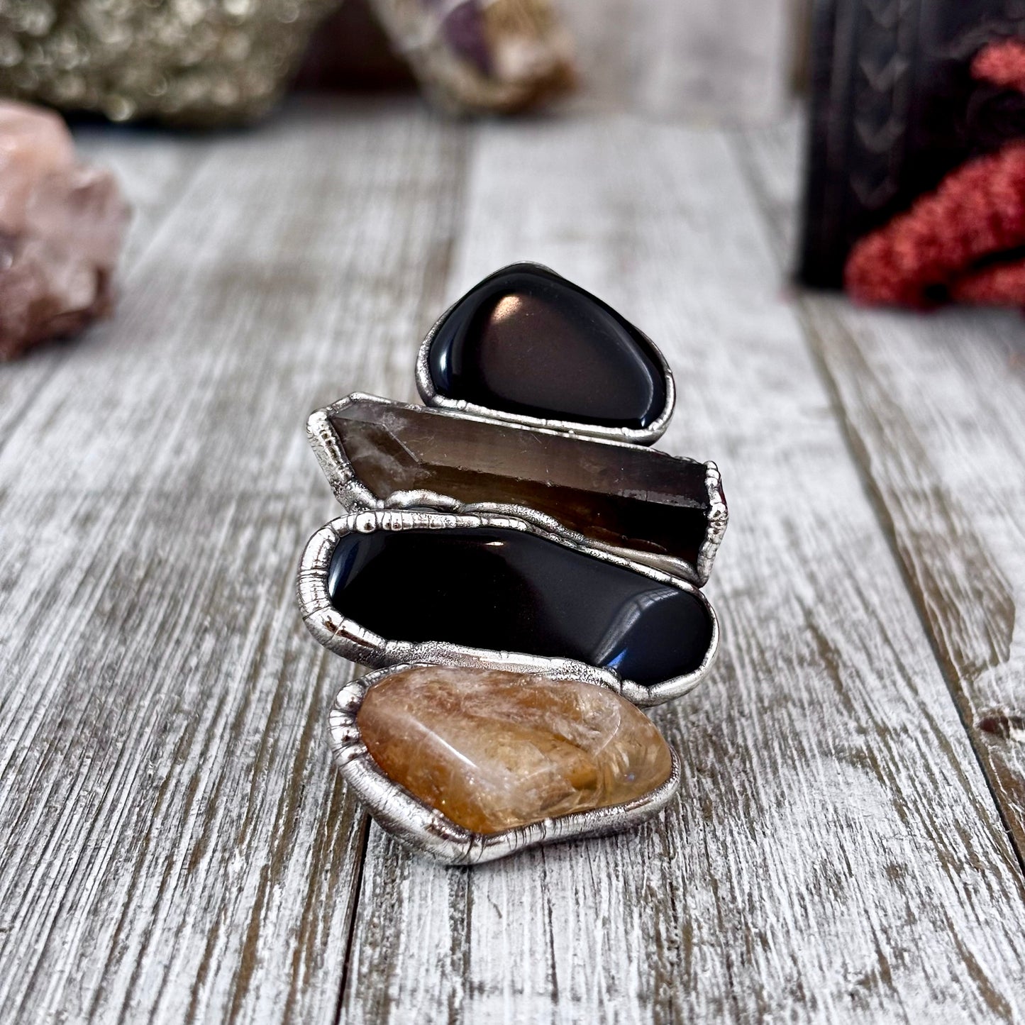 Multi Stone Citrine Black Obsidian Smoky Quartz Ring In Silver Size 7 / Foxlark Collection