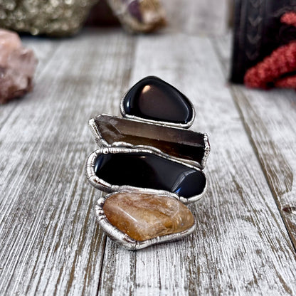 Multi Stone Citrine Black Obsidian Smoky Quartz Ring In Silver Size 7 / Foxlark Collection