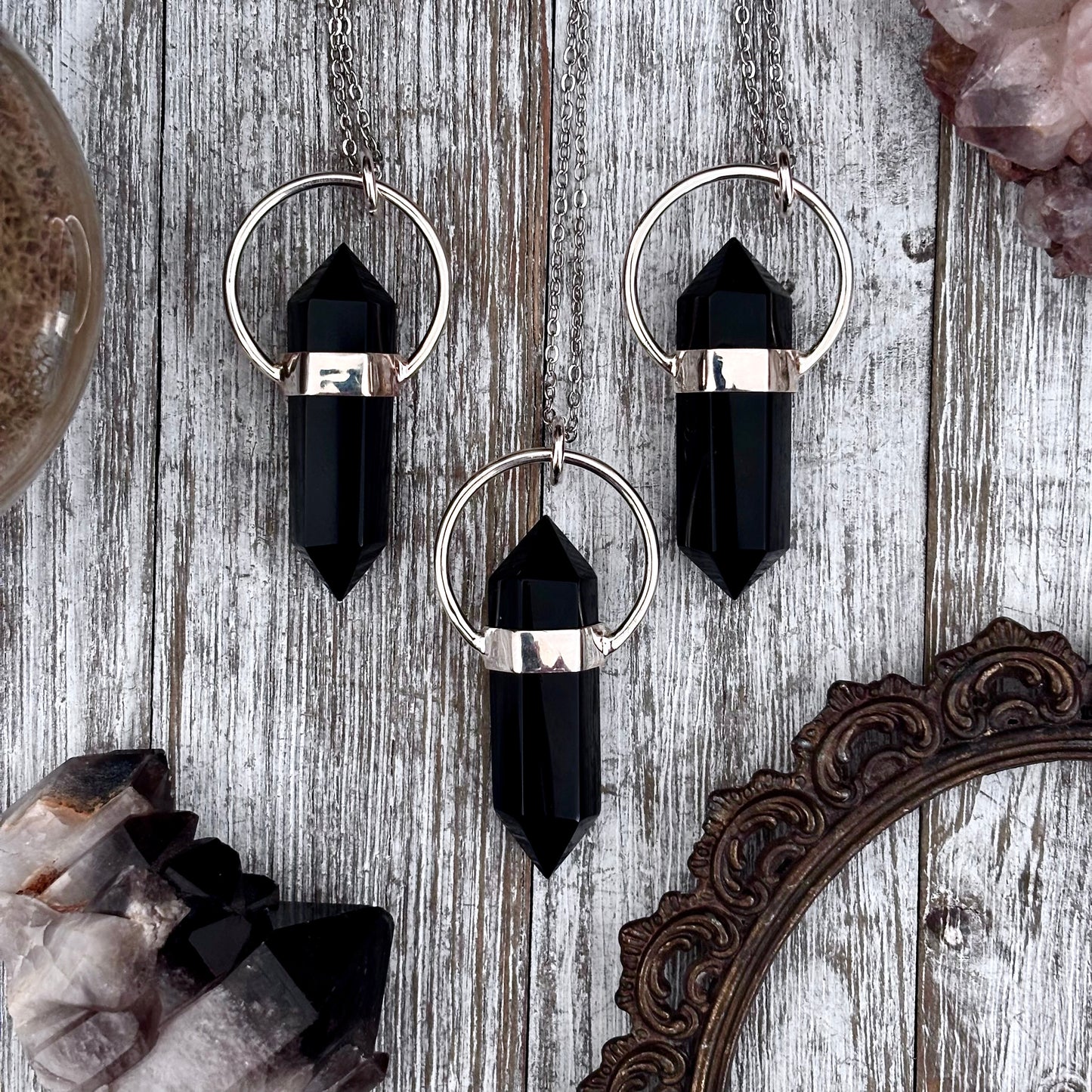 Black Onyx Crystal Point Necklace in Sterling Silver  -Designed by FOXLARK Collection / Witchy Necklace Goth Jewelry