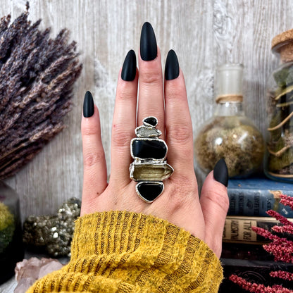 Multi Stone Obsidian Smoky Quartz Clear Quartz Ring In Silver Size 9 / Foxlark Collection