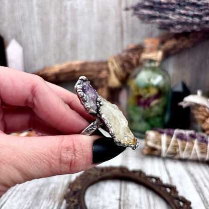 Two Stone Raw Amethyst and Citrine Ring in Fine Silver Size 7.5 / Foxlark Collection - One of a Kind