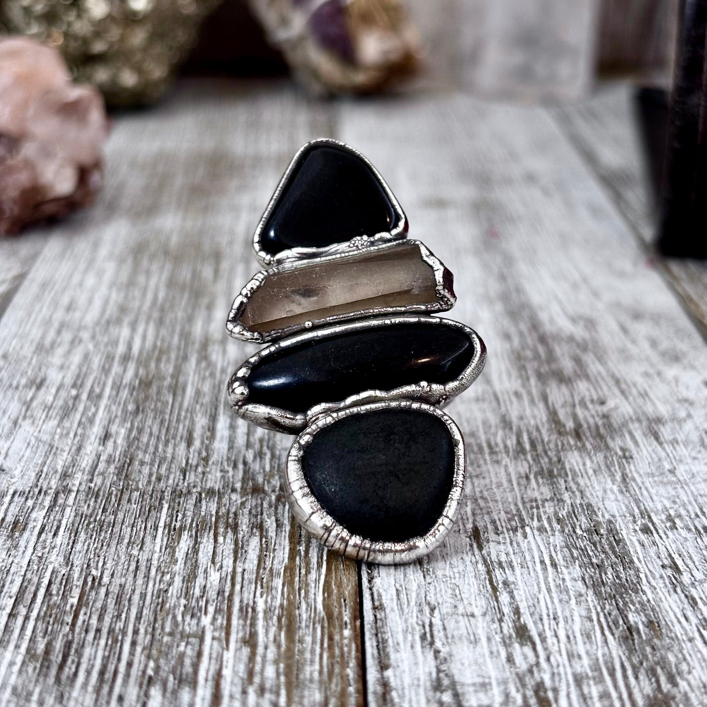 Multi Stone Black Obsidian Smoky Quartz River Rock Ring In Silver Size 7 / Foxlark Collection