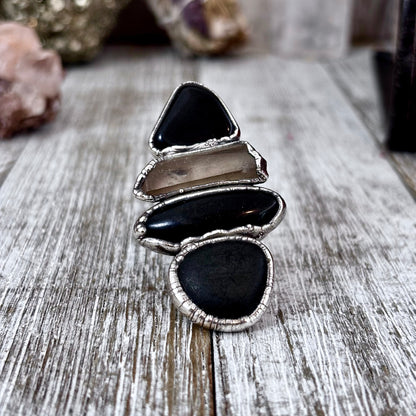Multi Stone Black Obsidian Smoky Quartz River Rock Ring In Silver Size 7 / Foxlark Collection