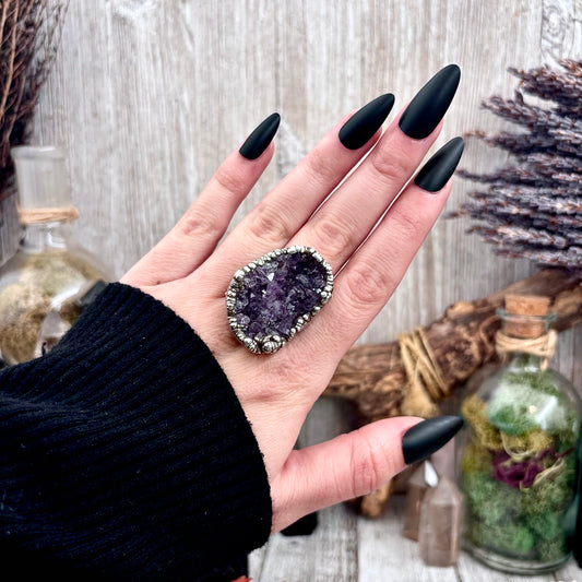 Raw Purple Amethyst Crystal Druzy Geode Ring in Fine Silver Size 10.5 / Foxlark Collection