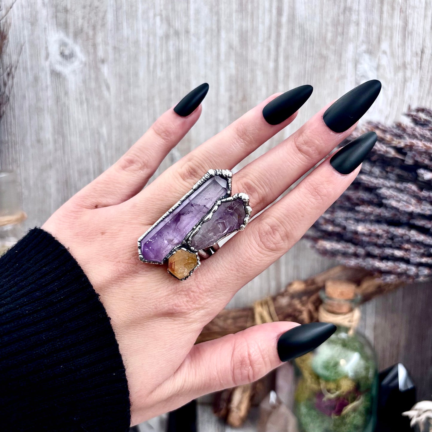 Three Stone Raw Amethyst Citrine Ring In Silver Size 9.5 / Foxlark Collection