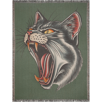 Screaming Cat Dark Green Traditional Tattoo Style Woven Fringe Blanket