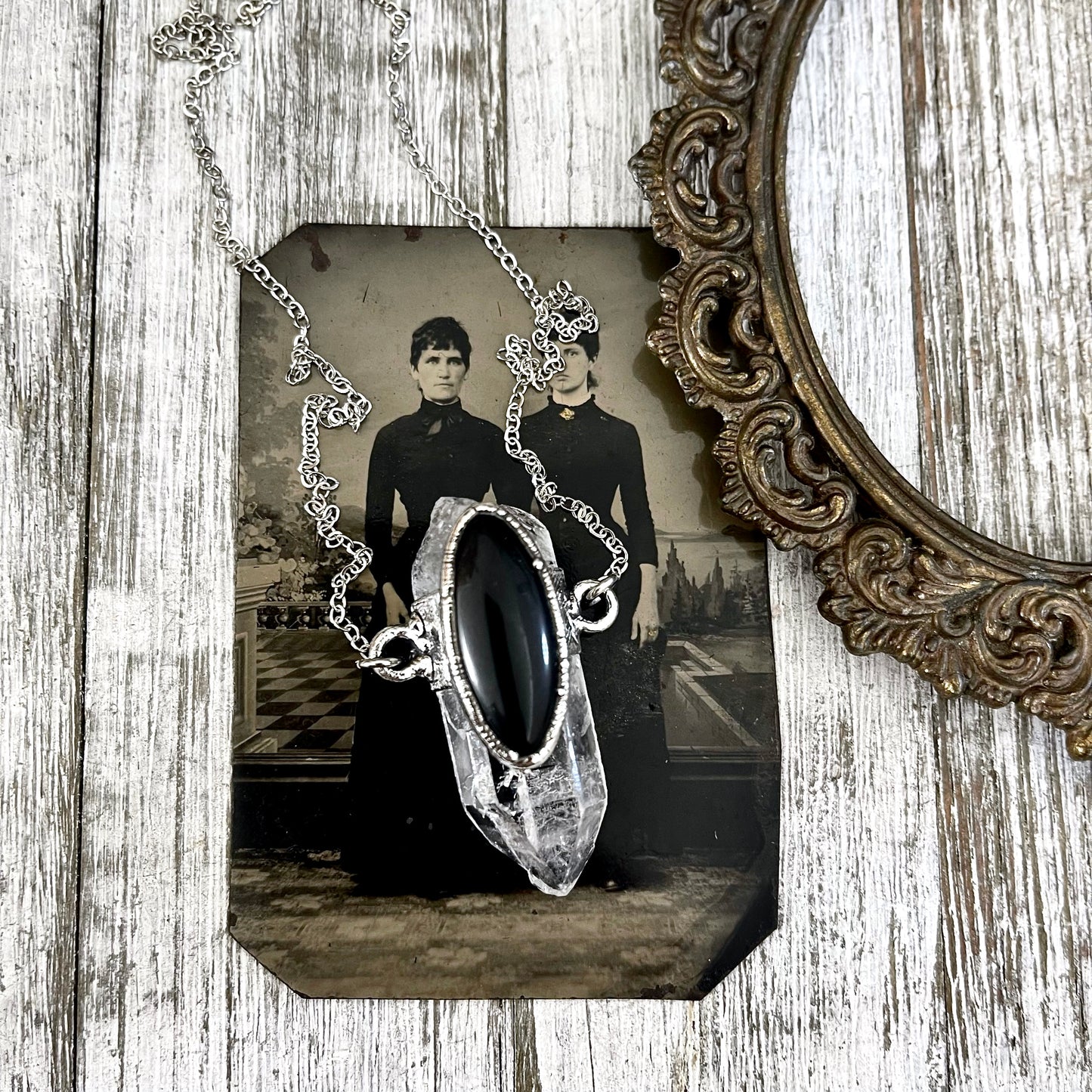 Clear Quartz & Black Onyx Crystal Statement Necklace in Fine Silver / Foxlark Collection - One of a Kind