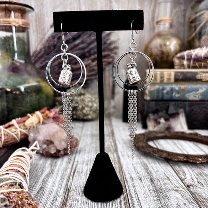 Silver Moonshine Bottle Earrings Stainless Steel Hoop and Fringe / Long Dangle Punk Earrings