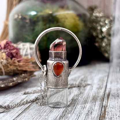 Garden Quartz and Carnelian Crystal Necklace / Silver Rollerball Necklace