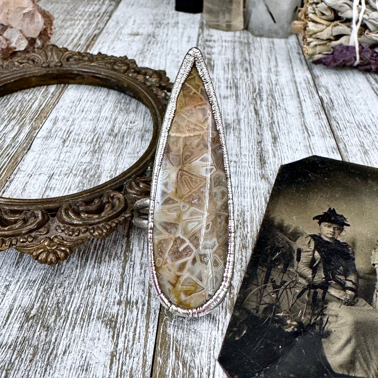 Big Fossilized Coral Crystal Ring Fine Silver Size 9.5 / Foxlark Collection - One of a Kind