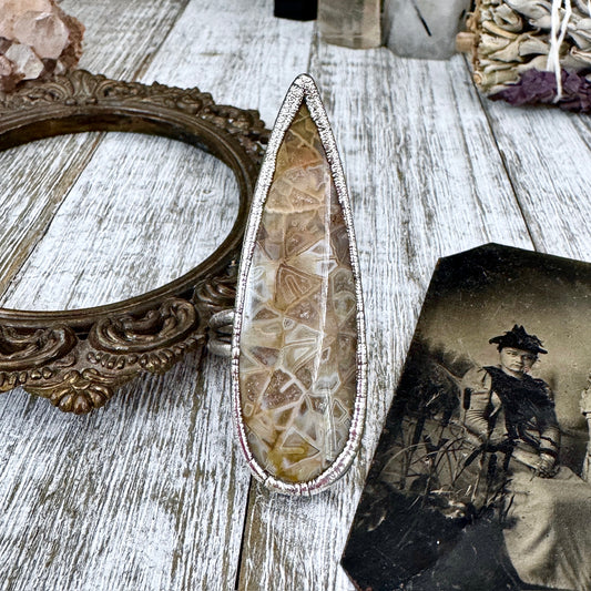 Big Fossilized Coral Crystal Ring Fine Silver Size 9.5 / Foxlark Collection - One of a Kind
