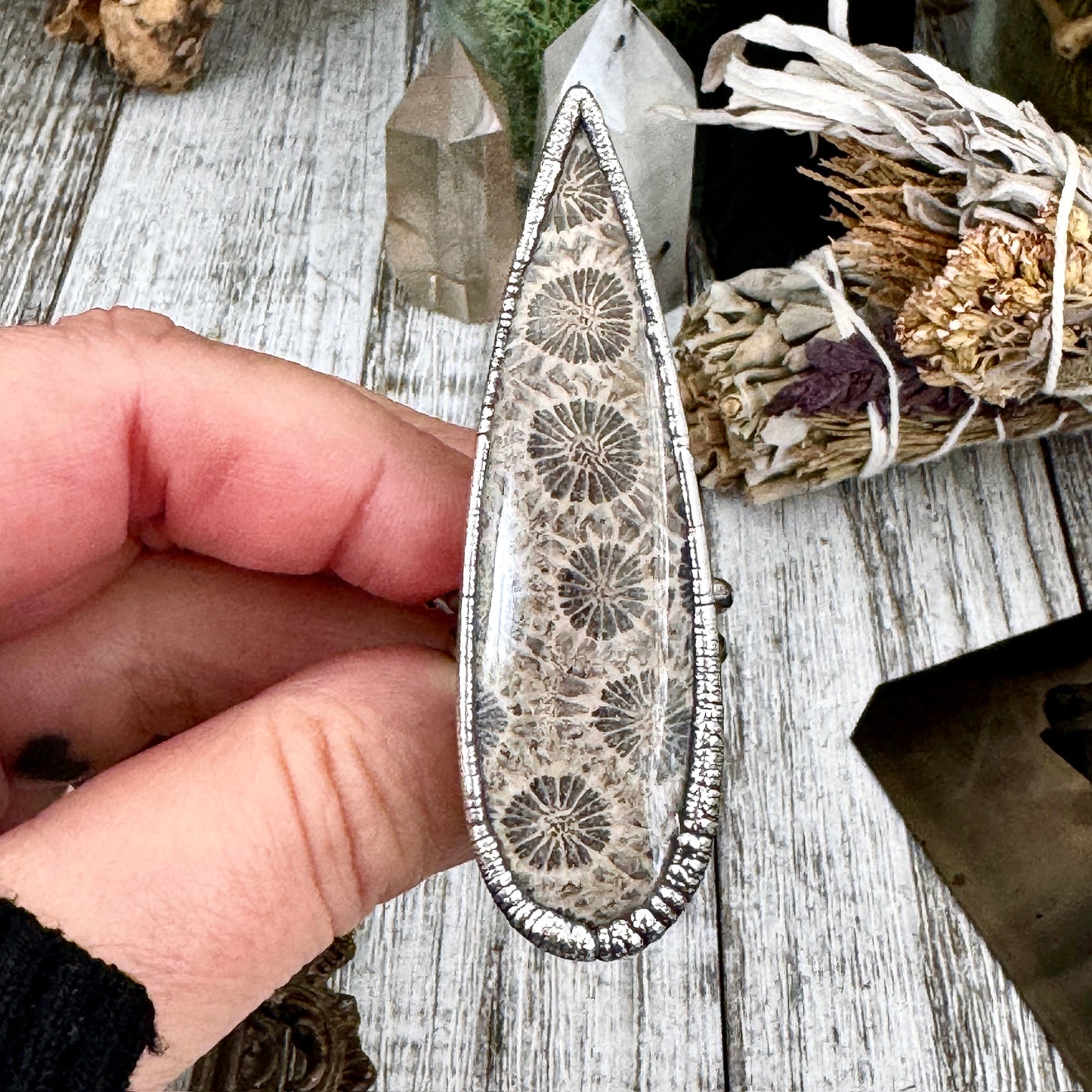 Big Fossilized Coral Crystal Ring Fine Silver Size 9.5 / Foxlark Collection - One of a Kind
