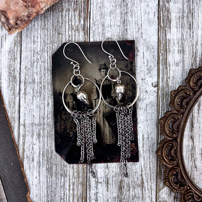 Sterling Silver Bird Skull Hoop Fringe Earrings / Long Dangle Witchy Earrings
